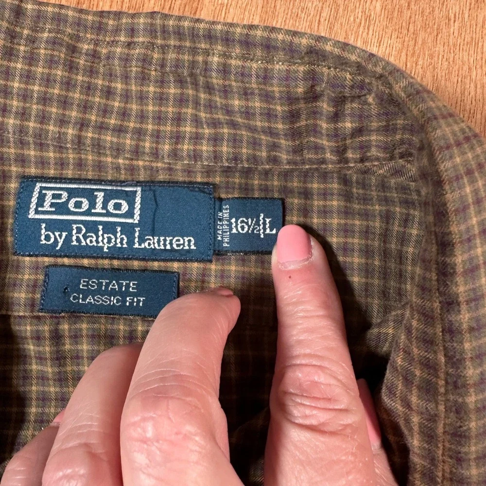 Polo Ralph Lauren Button Down Mens 16.5 (L) Olive/Tan Plaid Estate Classic Fit